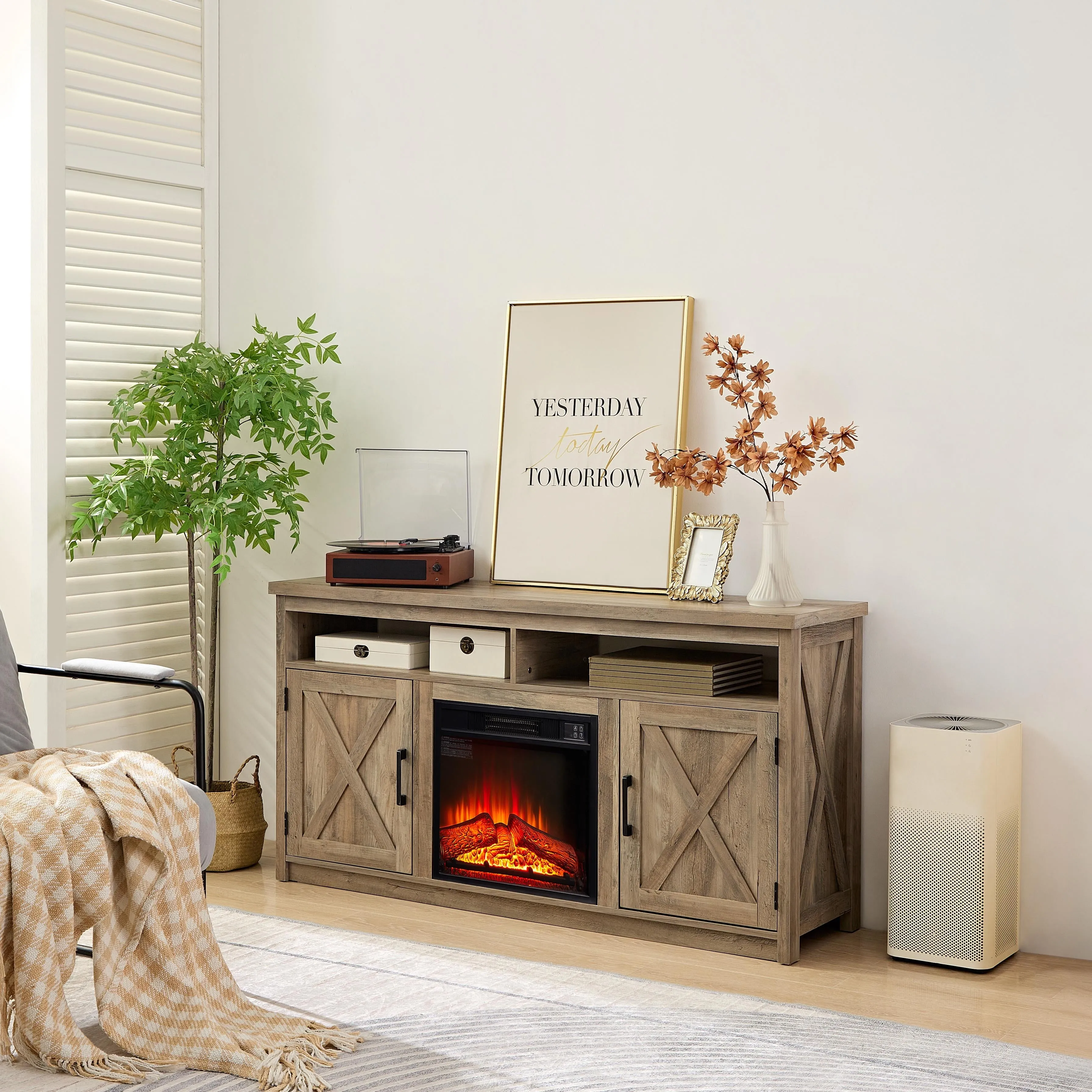 2-IN-1 TV Fireplace Stand for 65inch TV, Seizeen 58''L TV Stand with 1400W Fireplace, Fireplace Entertainment Center & TV Cabinet w/ Storage, Wall Background, Virtual Logs, Retro Brown