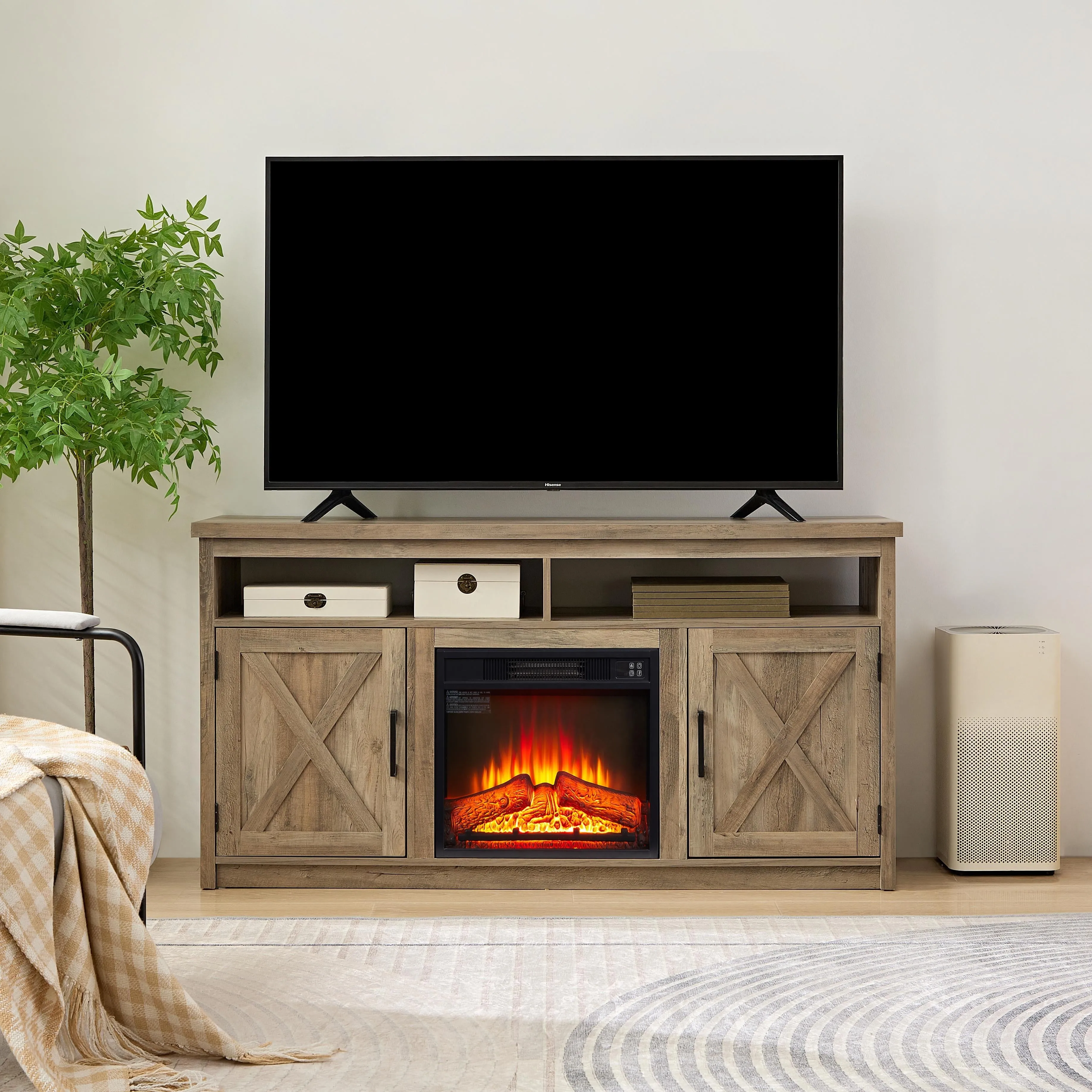 2-IN-1 TV Fireplace Stand for 65inch TV, Seizeen 58''L TV Stand with 1400W Fireplace, Fireplace Entertainment Center & TV Cabinet w/ Storage, Wall Background, Virtual Logs, Retro Brown