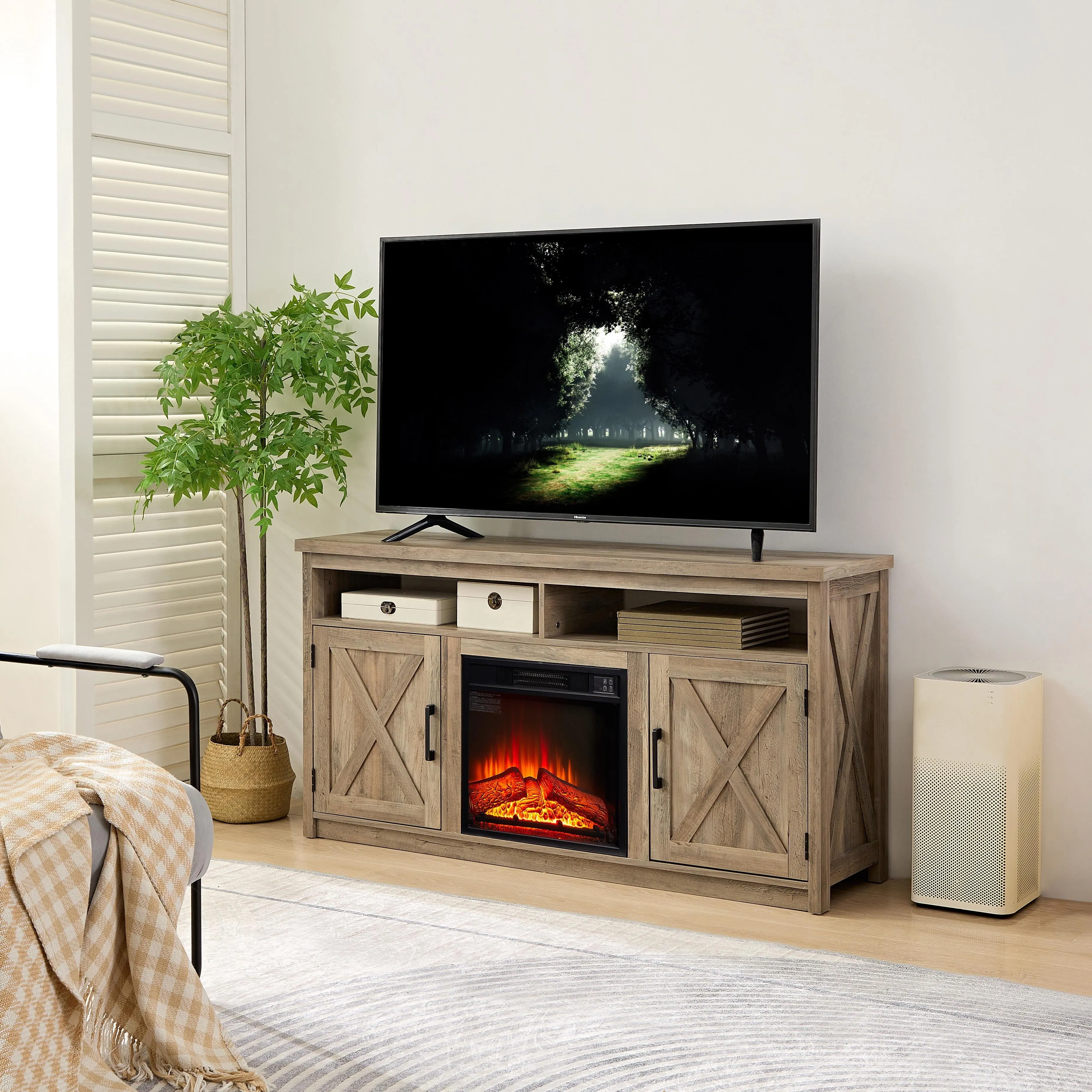 2-IN-1 TV Fireplace Stand for 65inch TV, Seizeen 58''L TV Stand with 1400W Fireplace, Fireplace Entertainment Center & TV Cabinet w/ Storage, Wall Background, Virtual Logs, Retro Brown