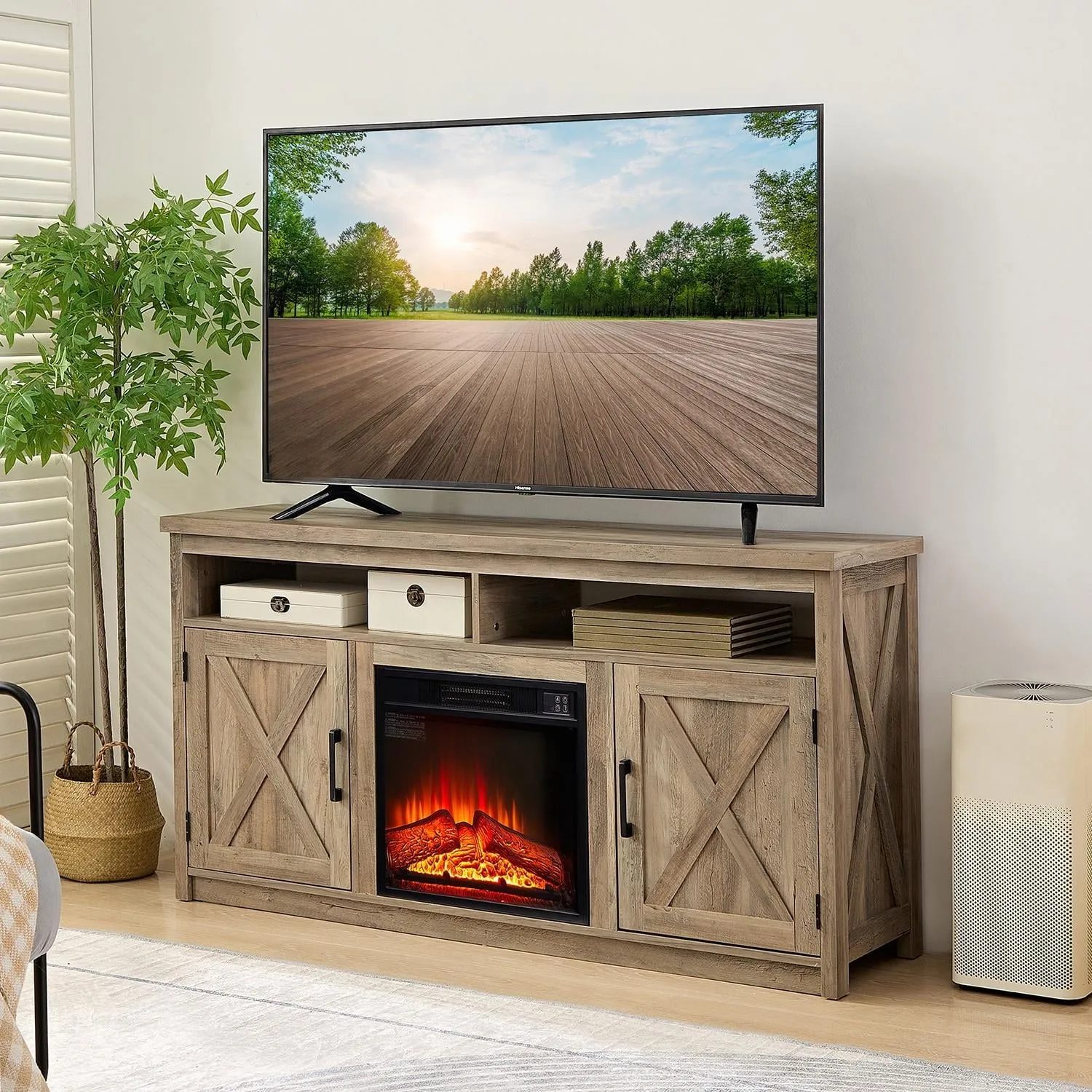 2-IN-1 TV Fireplace Stand for 65inch TV, Seizeen 58''L TV Stand with 1400W Fireplace, Fireplace Entertainment Center & TV Cabinet w/ Storage, Wall Background, Virtual Logs, Retro Brown