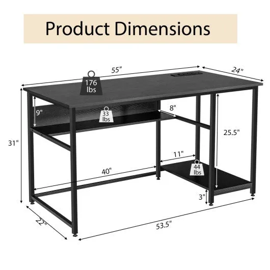 55 Inch Computer Desk with Power Outlets and USB Ports for Home and Office-Black