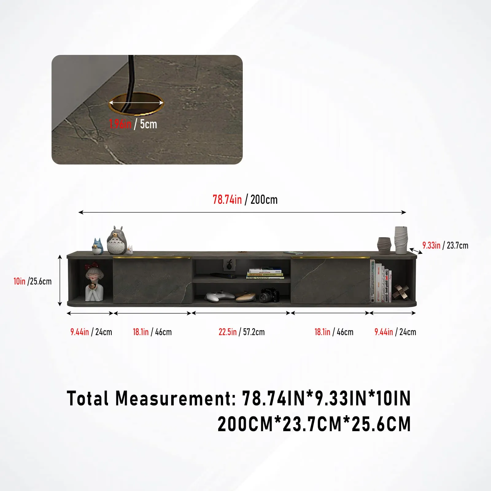 78" Arrangio Floating TV Stand, Marble Grey