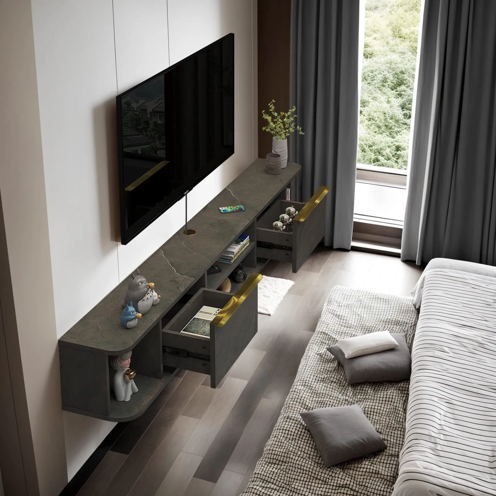 78" Arrangio Floating TV Stand, Marble Grey