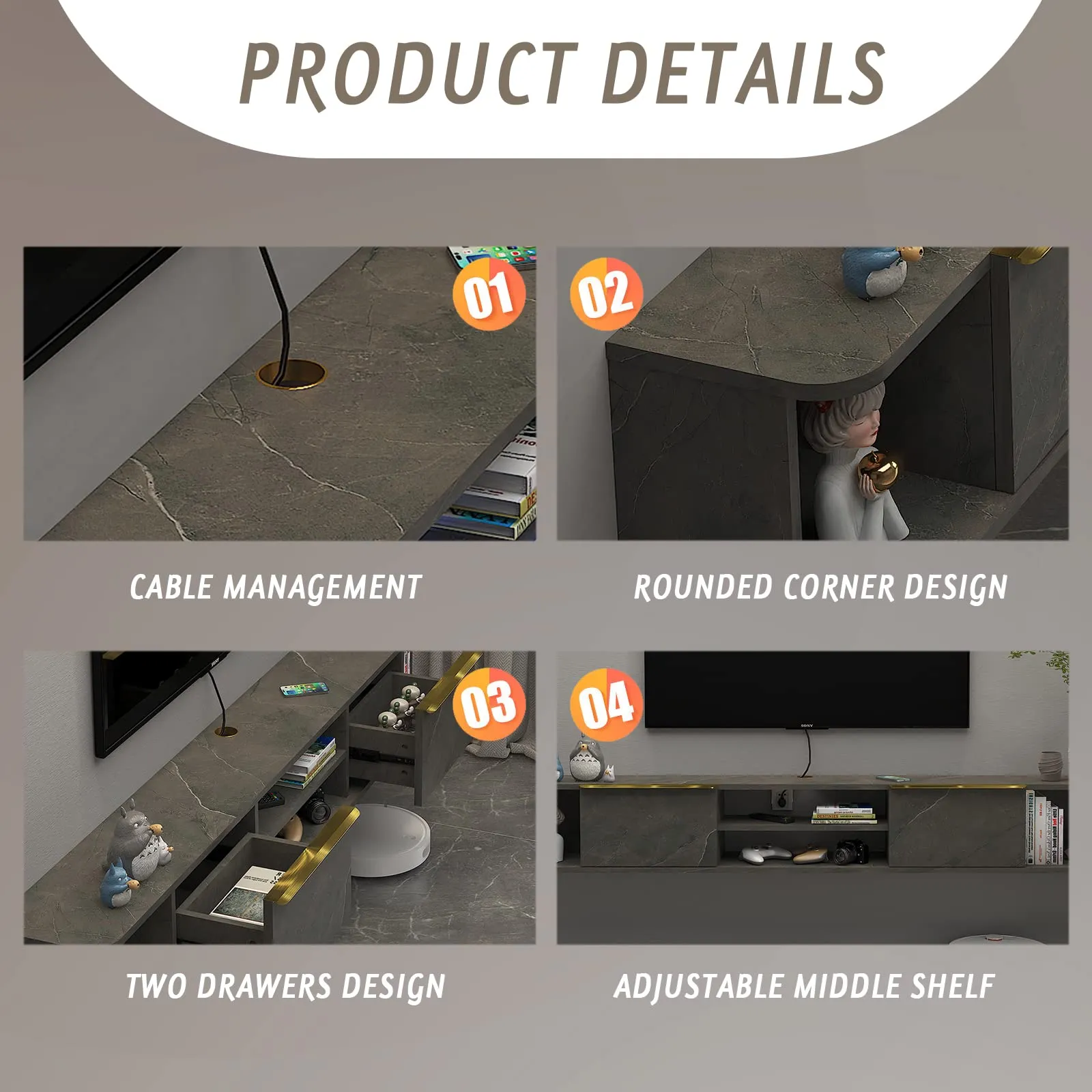 78" Arrangio Floating TV Stand, Marble Grey