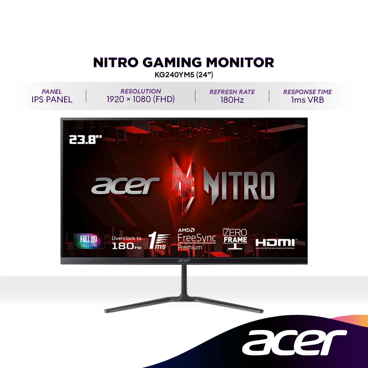 ACER NITRO KG240Y M5 24" IPS Gaming Monitor | 180Hz | AMD FreeSync Premium | 1ms | 1080p