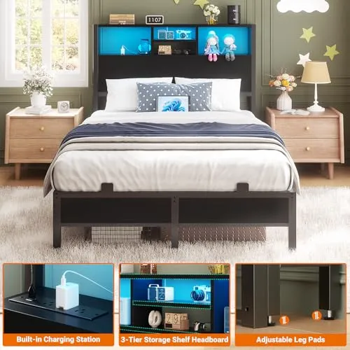 Aheaplus Headboard for Twin Size Bed with Storage, Headboards with Outlets, USB Ports and LED Light, Twin Size Head Board Only, Height Adjustable, Reversible, Sturdy and Stable Headboard, Black