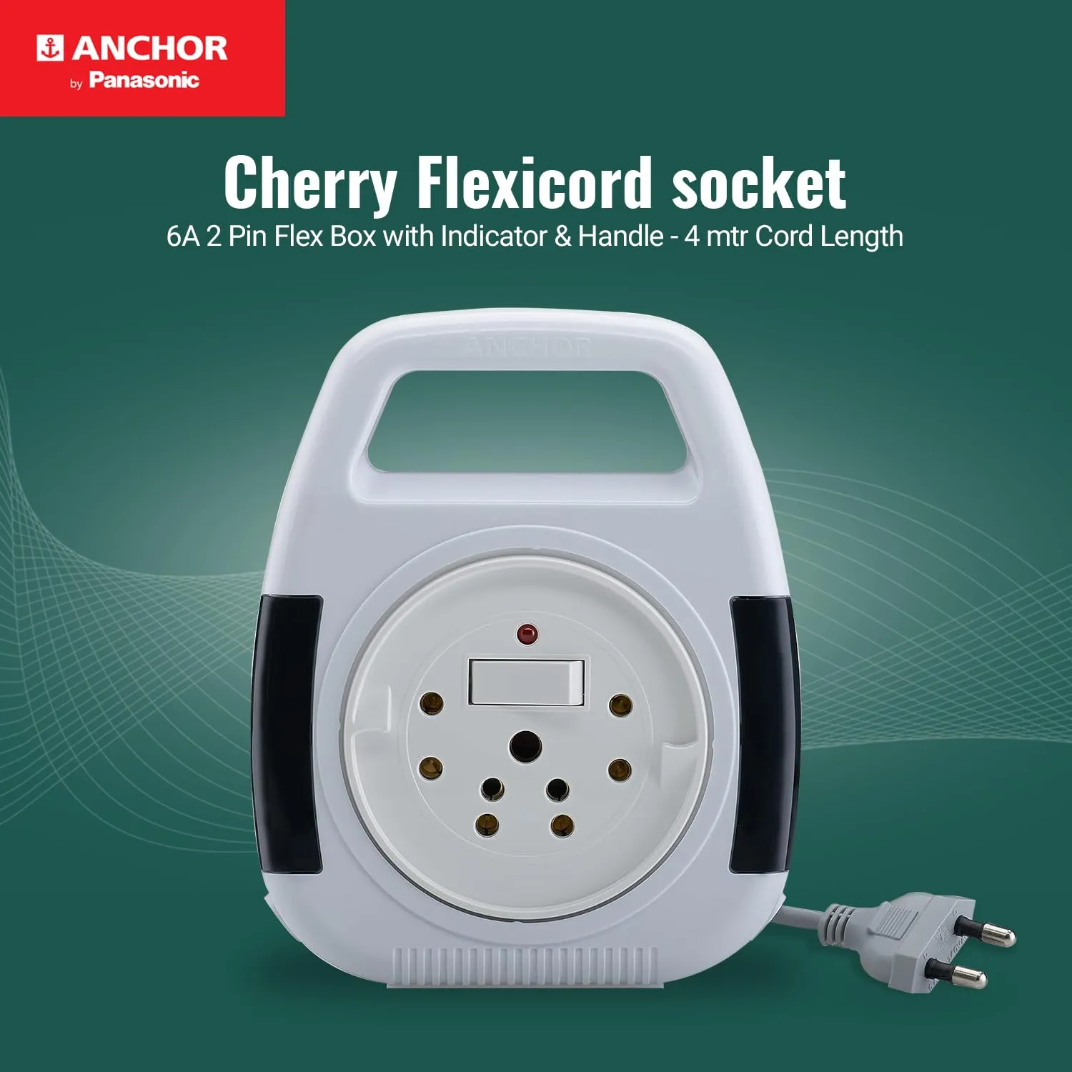 Anchor by Panasonic 6A 2 Pin Flex Box with Indicator & Handle | 4 Mtr Extension Flex Box for Home, Office (White, 5208, Pack of 1)