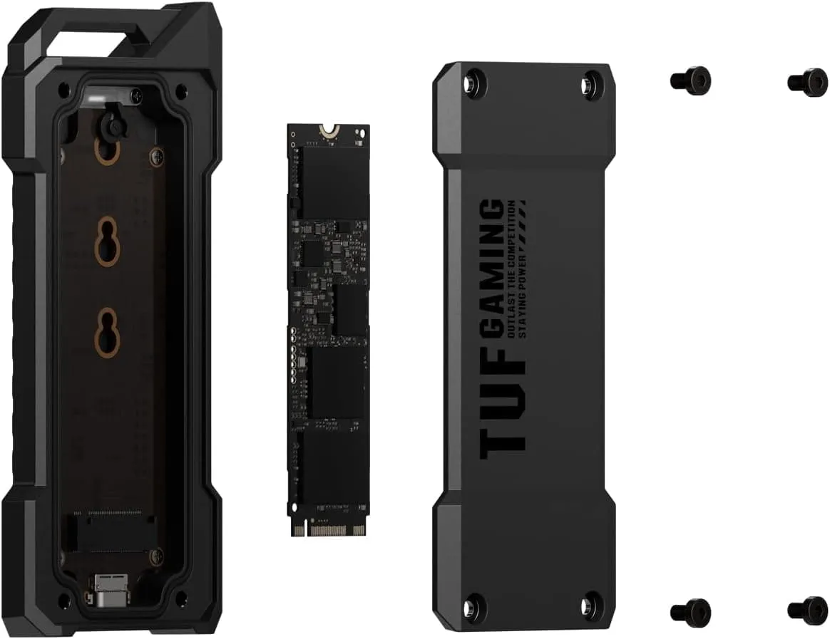 ASUS TUF Gaming A1—USB-C 3.2 Gen 2x1 SSD enclosure(SSD case), dual M.2 NVMe PCIe and SATA interfaces, M.2 Q-Latch for easy installation, MIL-STD-810H drop resistance, IP68 water and dust resistance