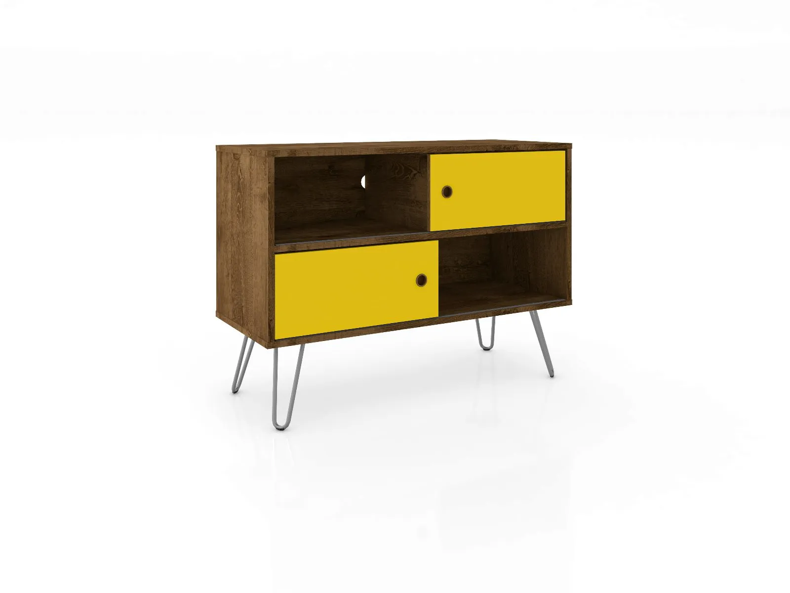 Baxter Mid-Century- Modern 35.43" TV Stand with 4 Shelves in Rustic Brown and Yellow