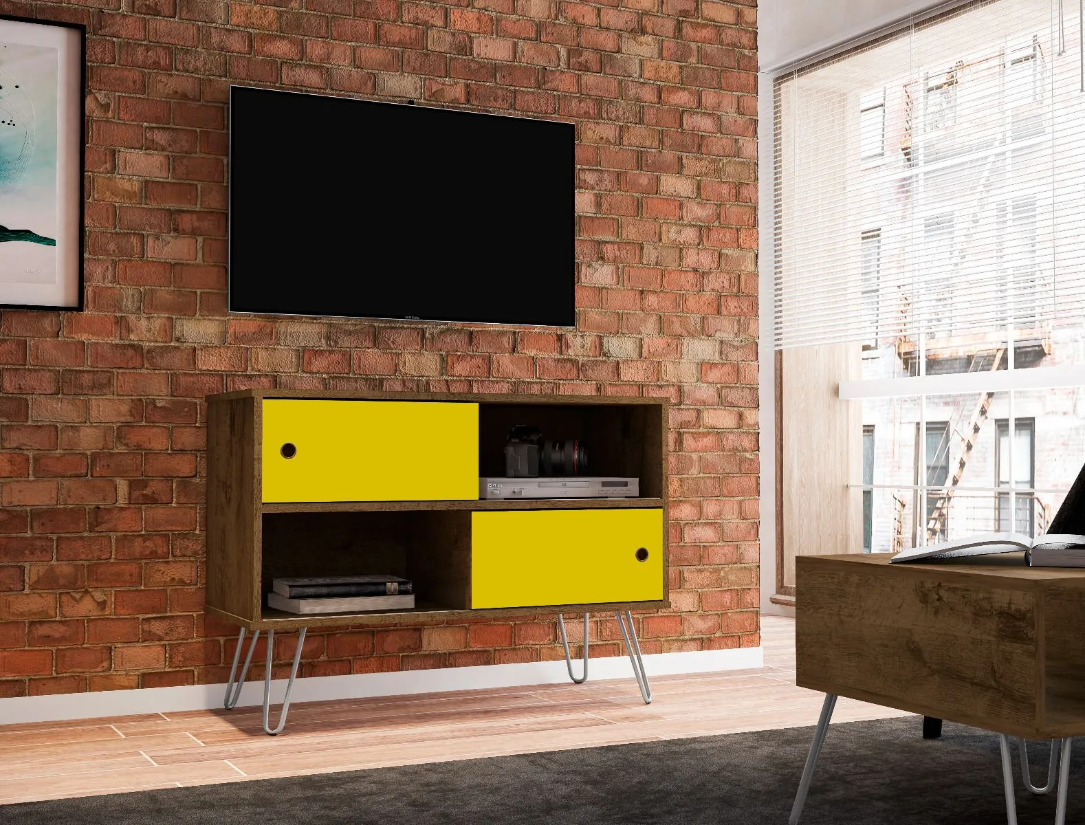 Baxter Mid-Century- Modern 35.43" TV Stand with 4 Shelves in Rustic Brown and Yellow