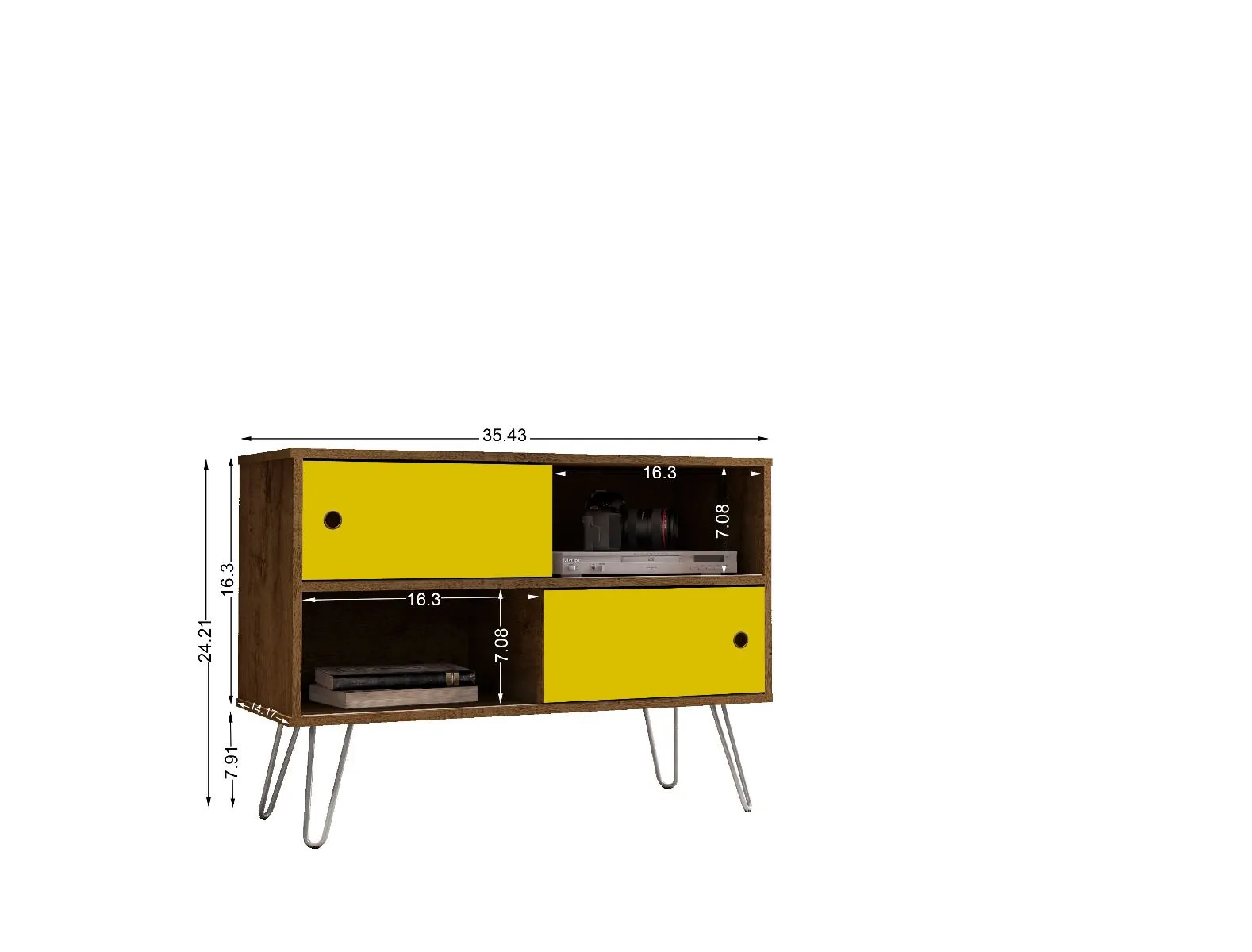Baxter Mid-Century- Modern 35.43" TV Stand with 4 Shelves in Rustic Brown and Yellow