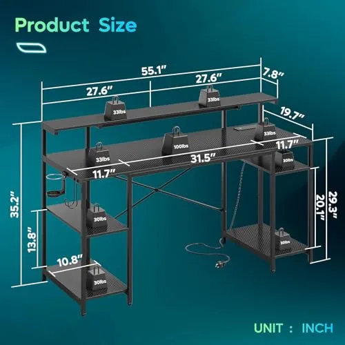 Bestier 55 inch Gaming Desk with Power Outlets & LED Lights, Computer Desk with Monitor Stand & Adjustable Shelves, Home Office Desk with Cup Holder & Hook, Black 3D Carbon Fiber