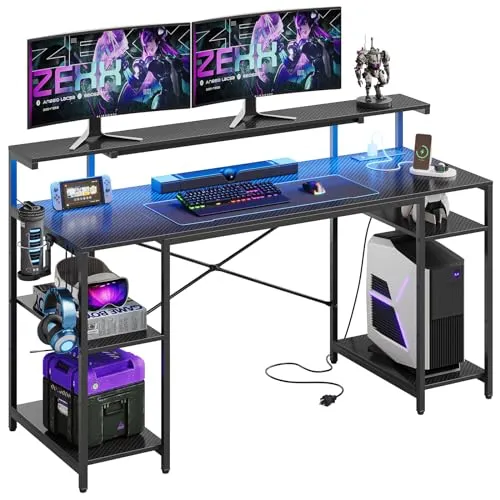 Bestier 55 inch Gaming Desk with Power Outlets & LED Lights, Computer Desk with Monitor Stand & Adjustable Shelves, Home Office Desk with Cup Holder & Hook, Black 3D Carbon Fiber