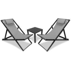 Chill Deck Chair and San Sebastian 3pc Occasional Set in Gunmetal and Charcoal Grey Textilene