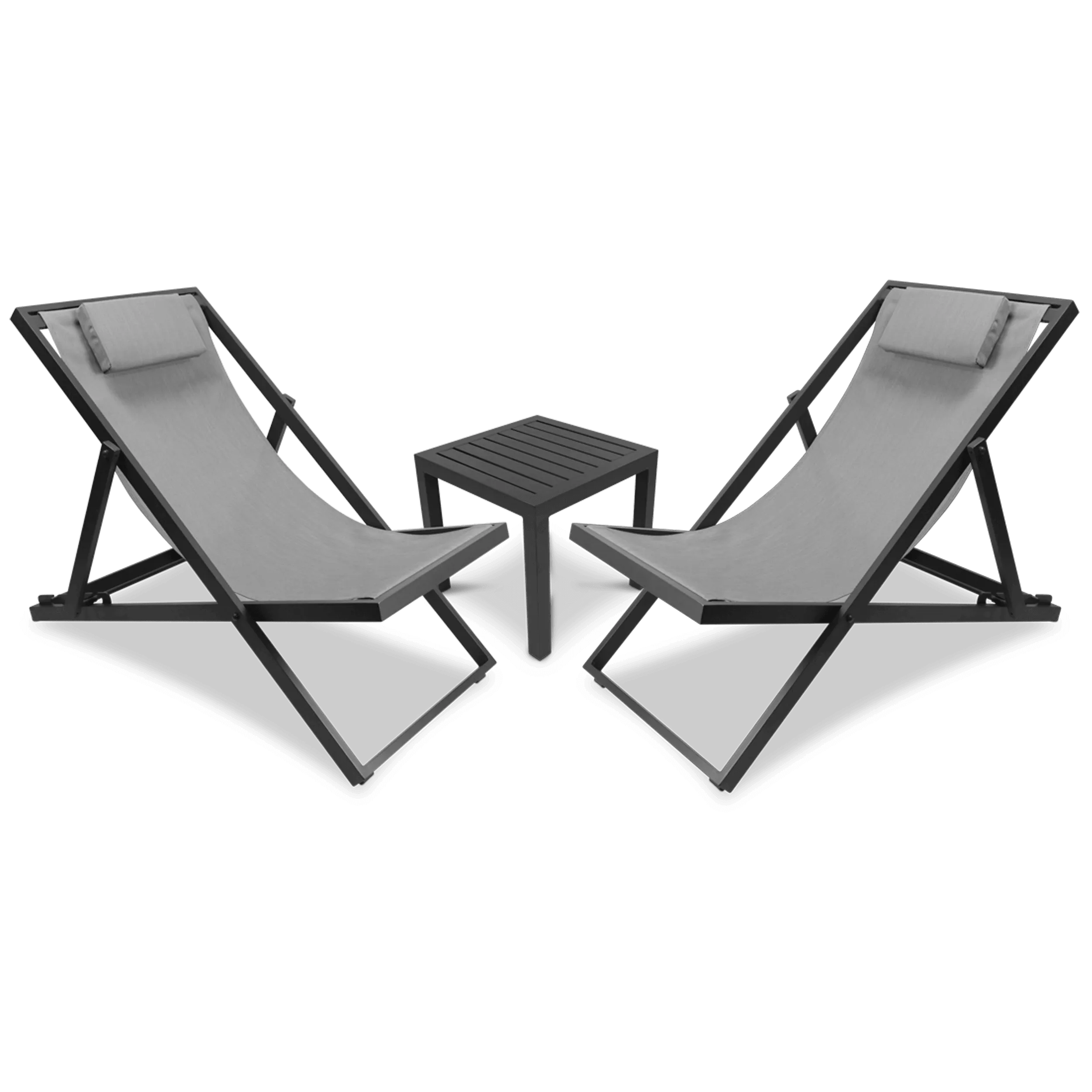 Chill Deck Chair and San Sebastian 3pc Occasional Set in Gunmetal and Charcoal Grey Textilene