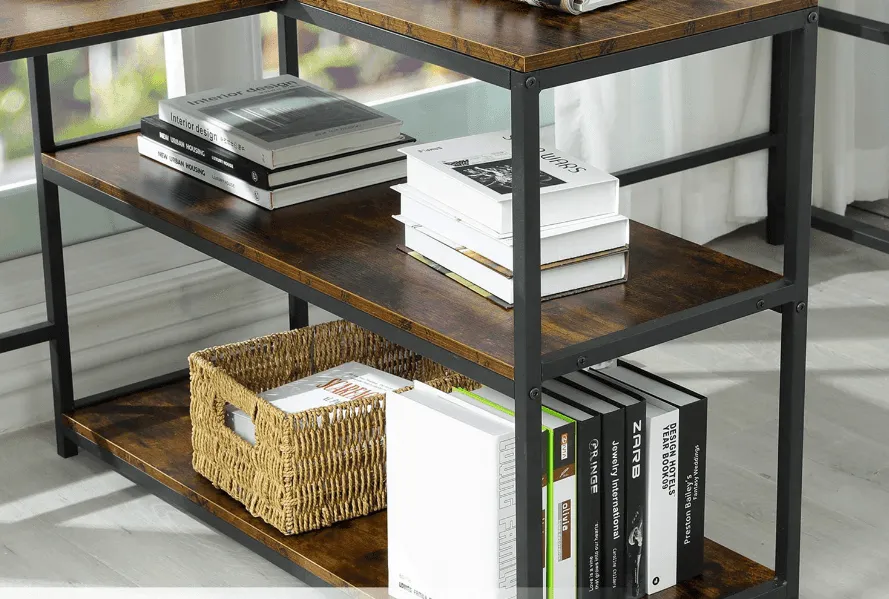 Double Computer Desk with Storage Shelves in Rustic Brown Color