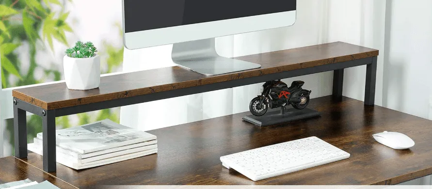 Double Computer Desk with Storage Shelves in Rustic Brown Color