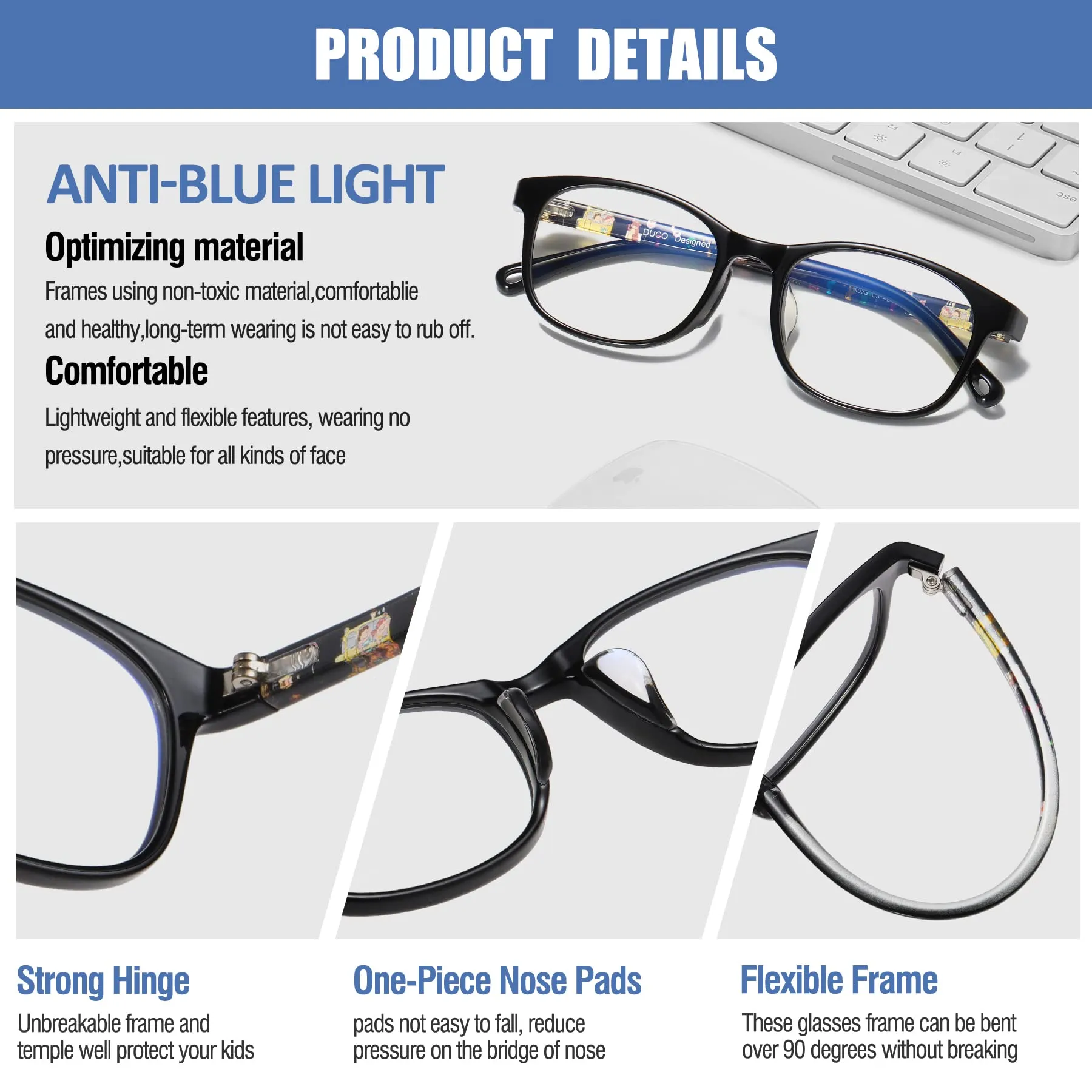 DUCO Blue Light Glasses Gaming Computer TV Phone for Kids Age 6-10 K023