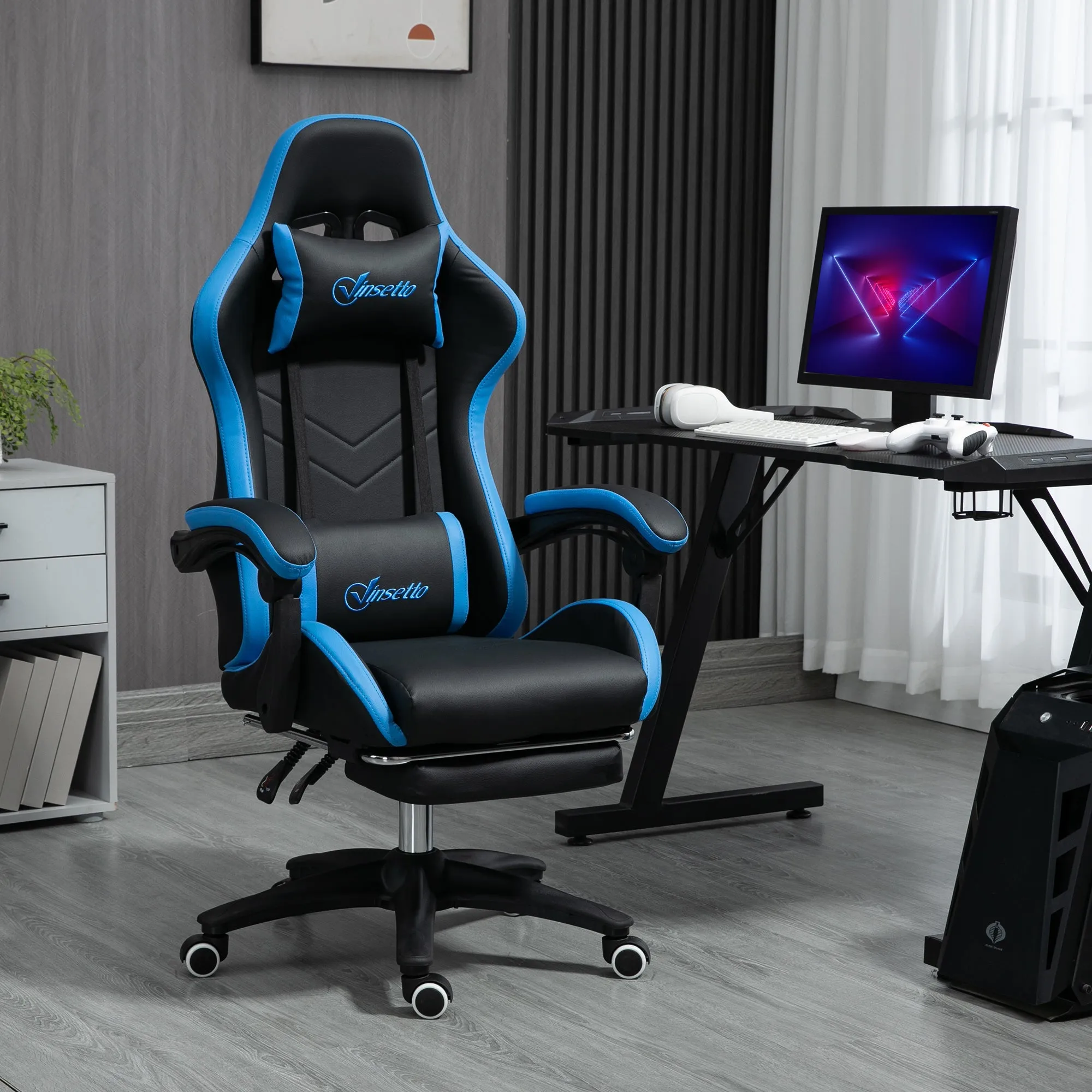 Easycomfort Sedia da Gaming con Altezza Regolabile e Schienale Reclinabile, 65x65x121-129 cm, Blu e Nero