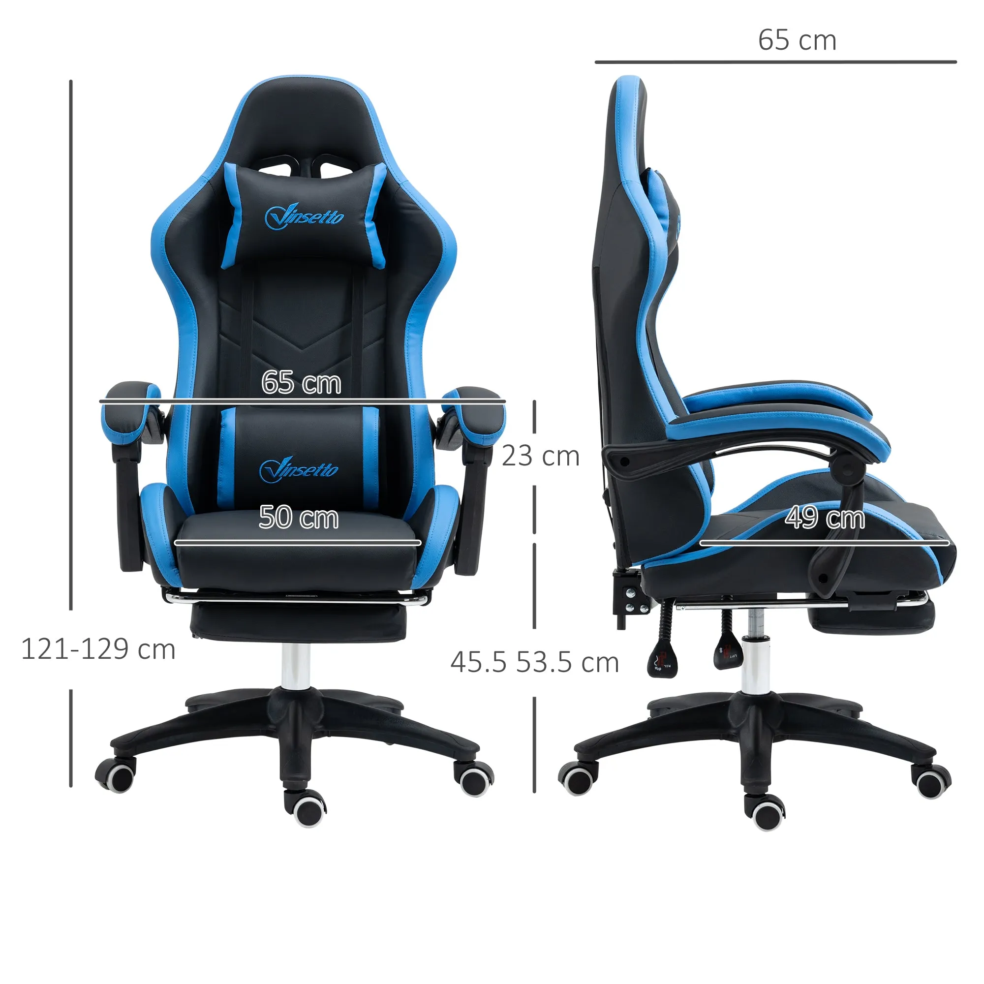 Easycomfort Sedia da Gaming con Altezza Regolabile e Schienale Reclinabile, 65x65x121-129 cm, Blu e Nero