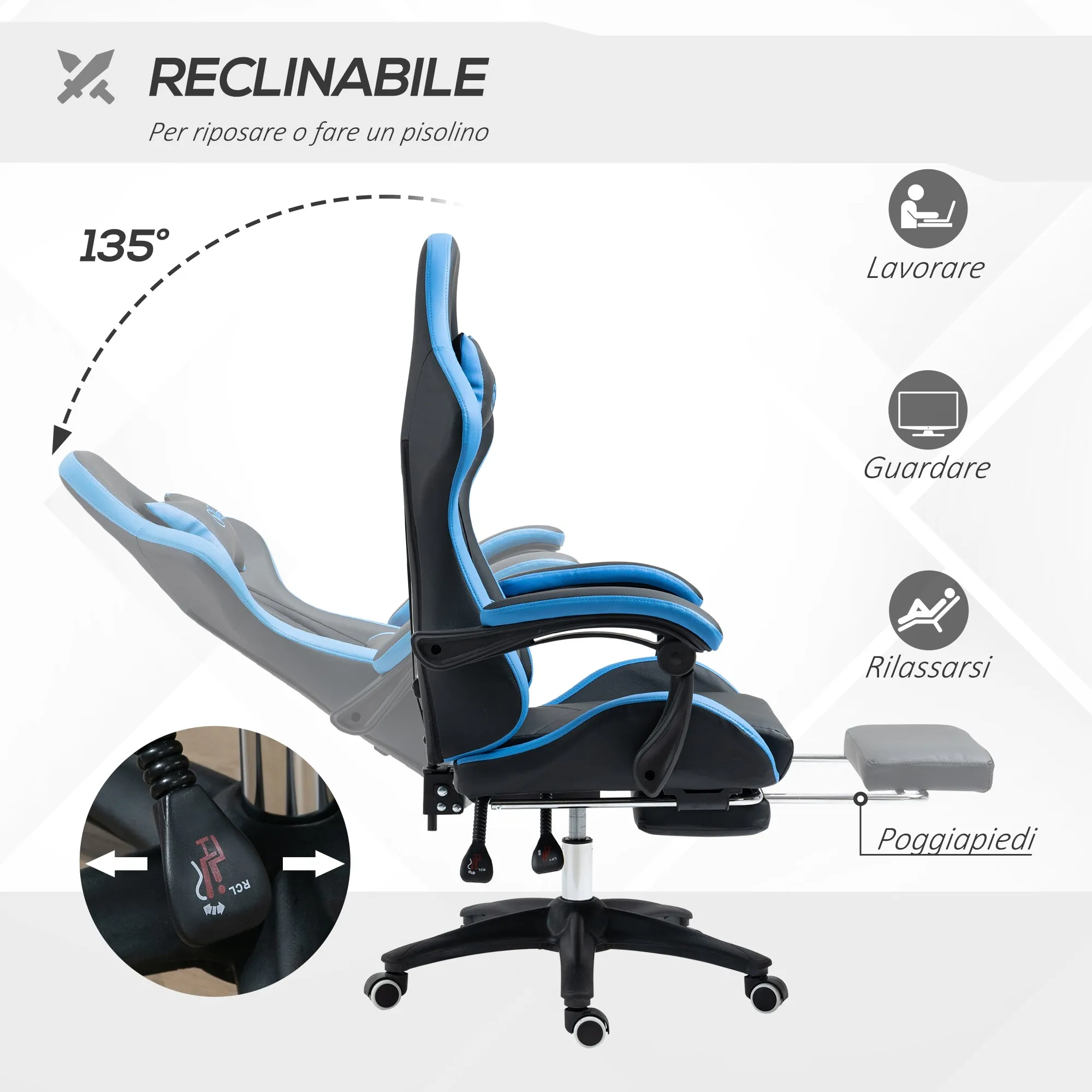 Easycomfort Sedia da Gaming con Altezza Regolabile e Schienale Reclinabile, 65x65x121-129 cm, Blu e Nero