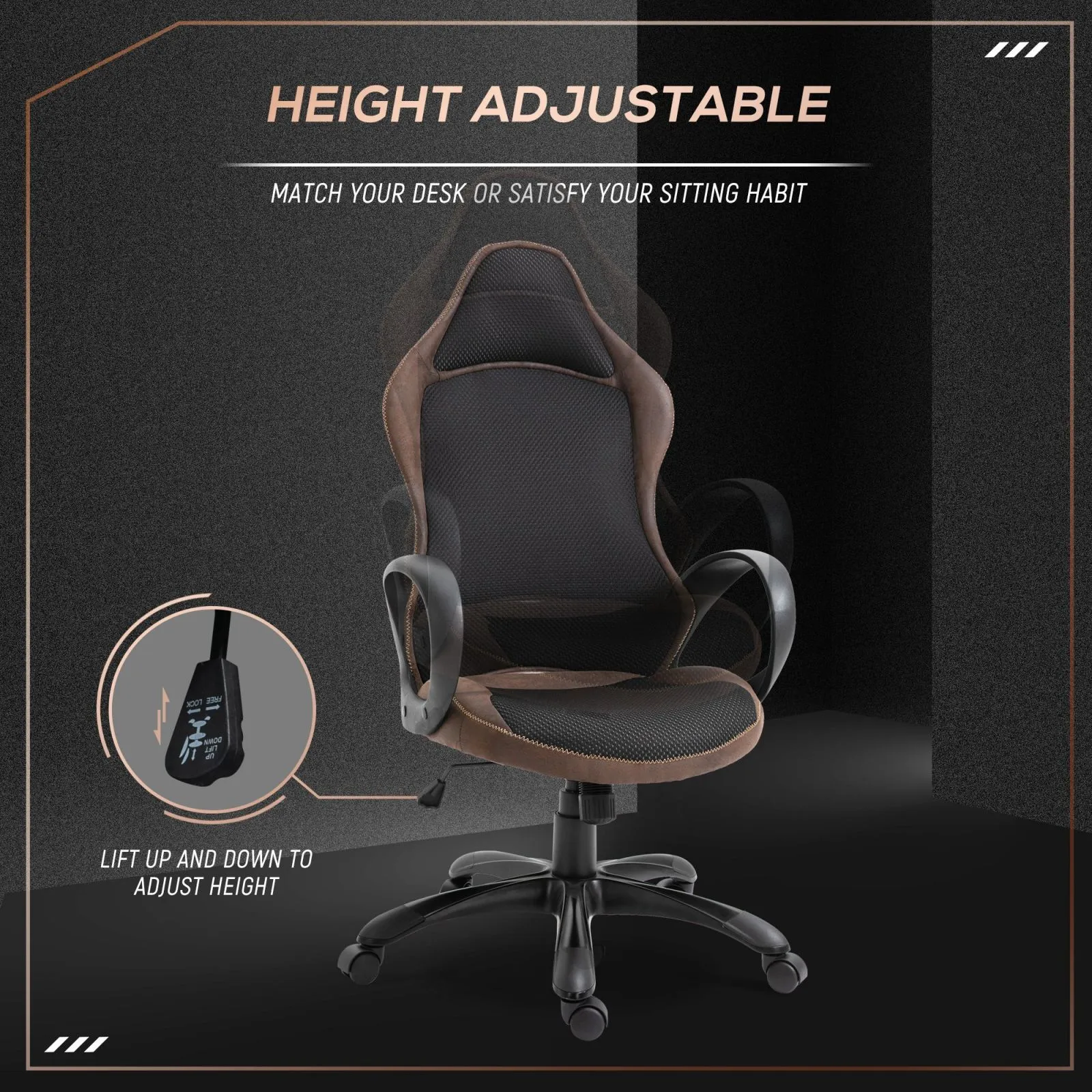 EasyComfort Sedia da Gaming e Ufficio Altezza Regolabile e Dondolamento, Girevole 360° con Ruote, Tessuto Nero e Marrone, 63x67x 116-126cm