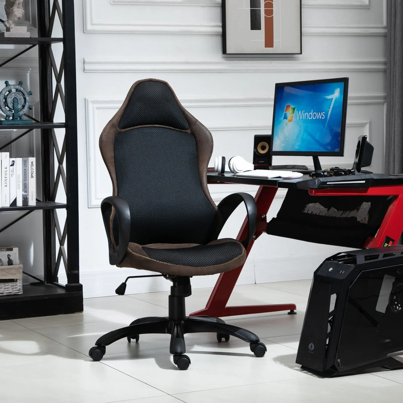 EasyComfort Sedia da Gaming e Ufficio Altezza Regolabile e Dondolamento, Girevole 360° con Ruote, Tessuto Nero e Marrone, 63x67x 116-126cm