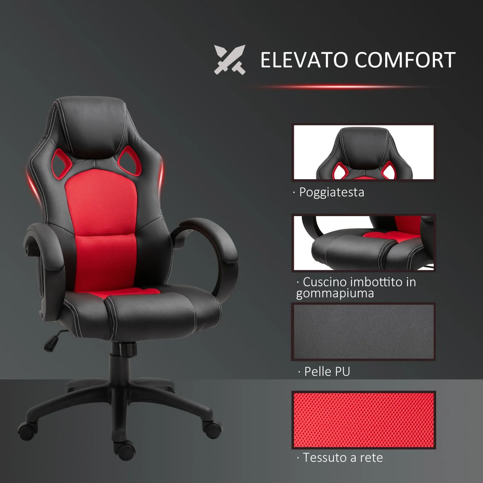 EASYCOMFORT Sedia da Ufficio Stile Gaming, Rosso e Nero