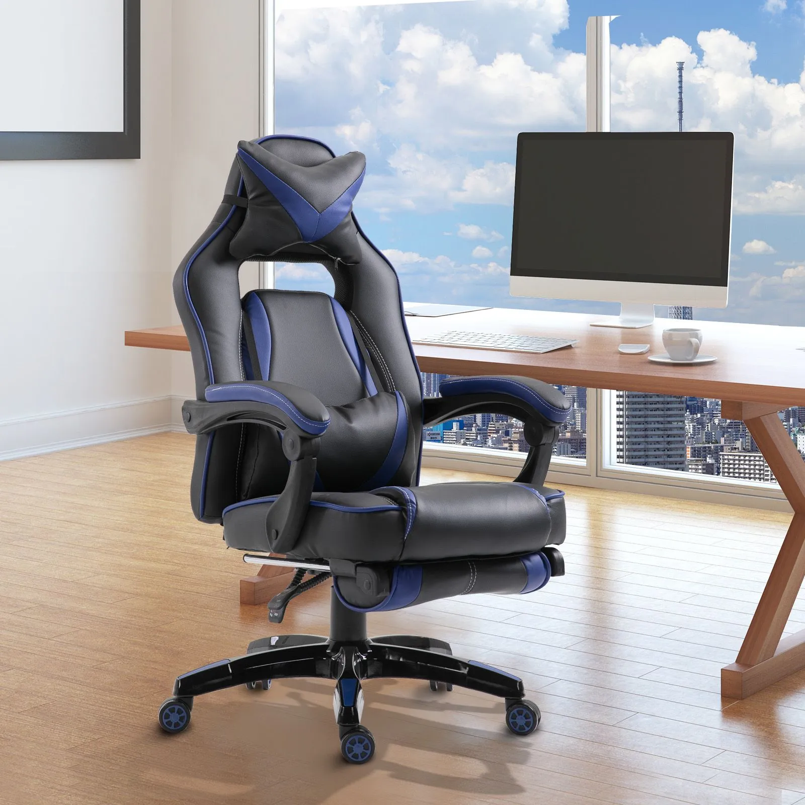 EASYCOMFORT Sedie da ufficio sedia da gaming sedia da scrivania ergonomiche con Rotelle in Ecopelle, Blu e Nero