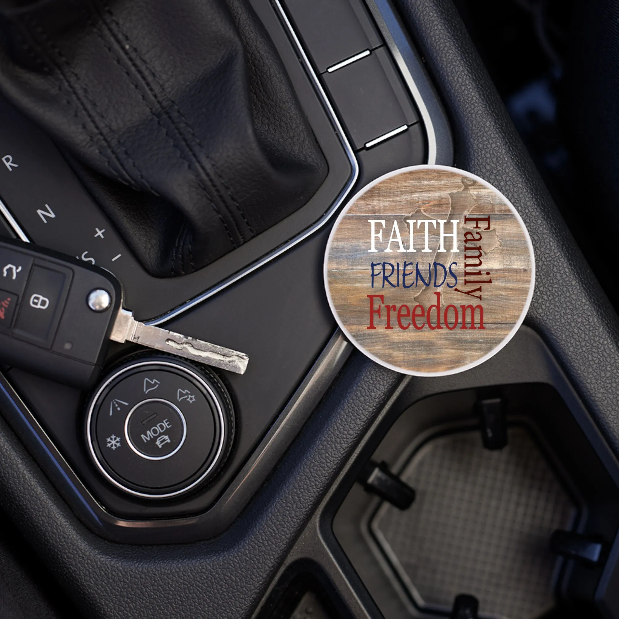 Faith Family Freedom Woodgrain 2.75 x 2.75 Ceramic Car Coasters Pack of 2