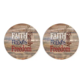 Faith Family Freedom Woodgrain 2.75 x 2.75 Ceramic Car Coasters Pack of 2