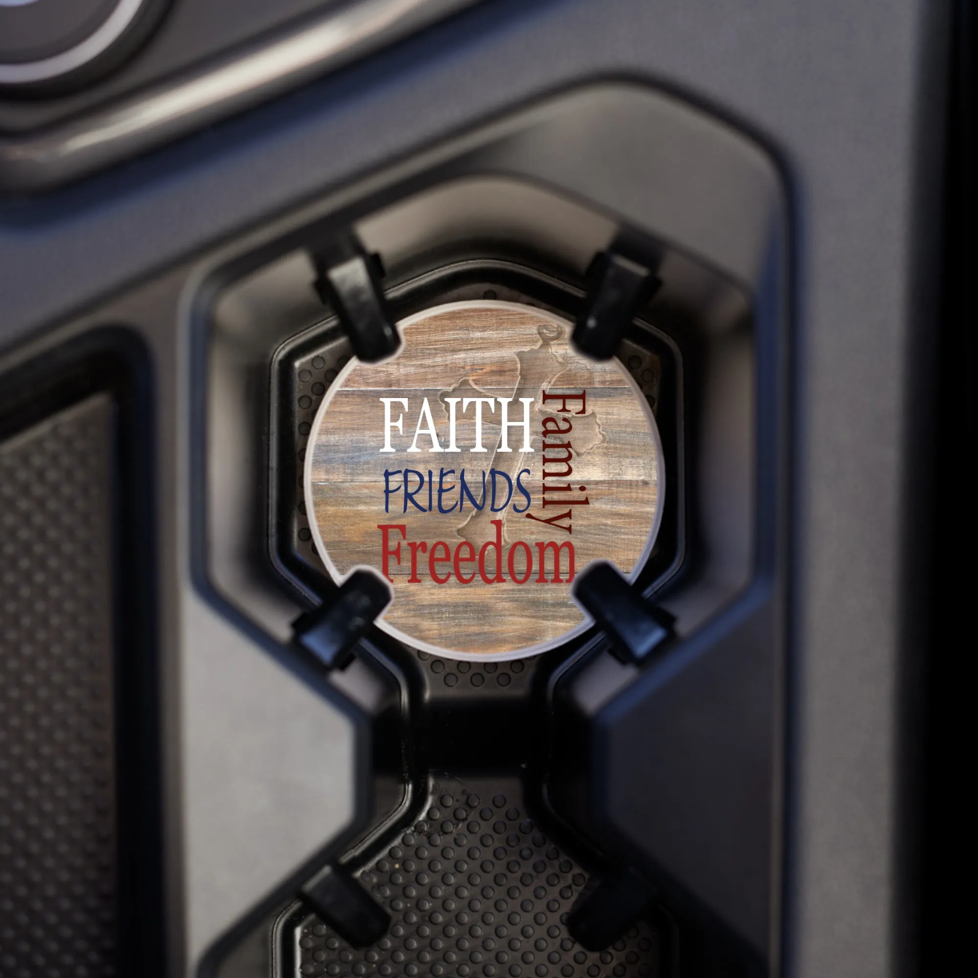 Faith Family Freedom Woodgrain 2.75 x 2.75 Ceramic Car Coasters Pack of 2