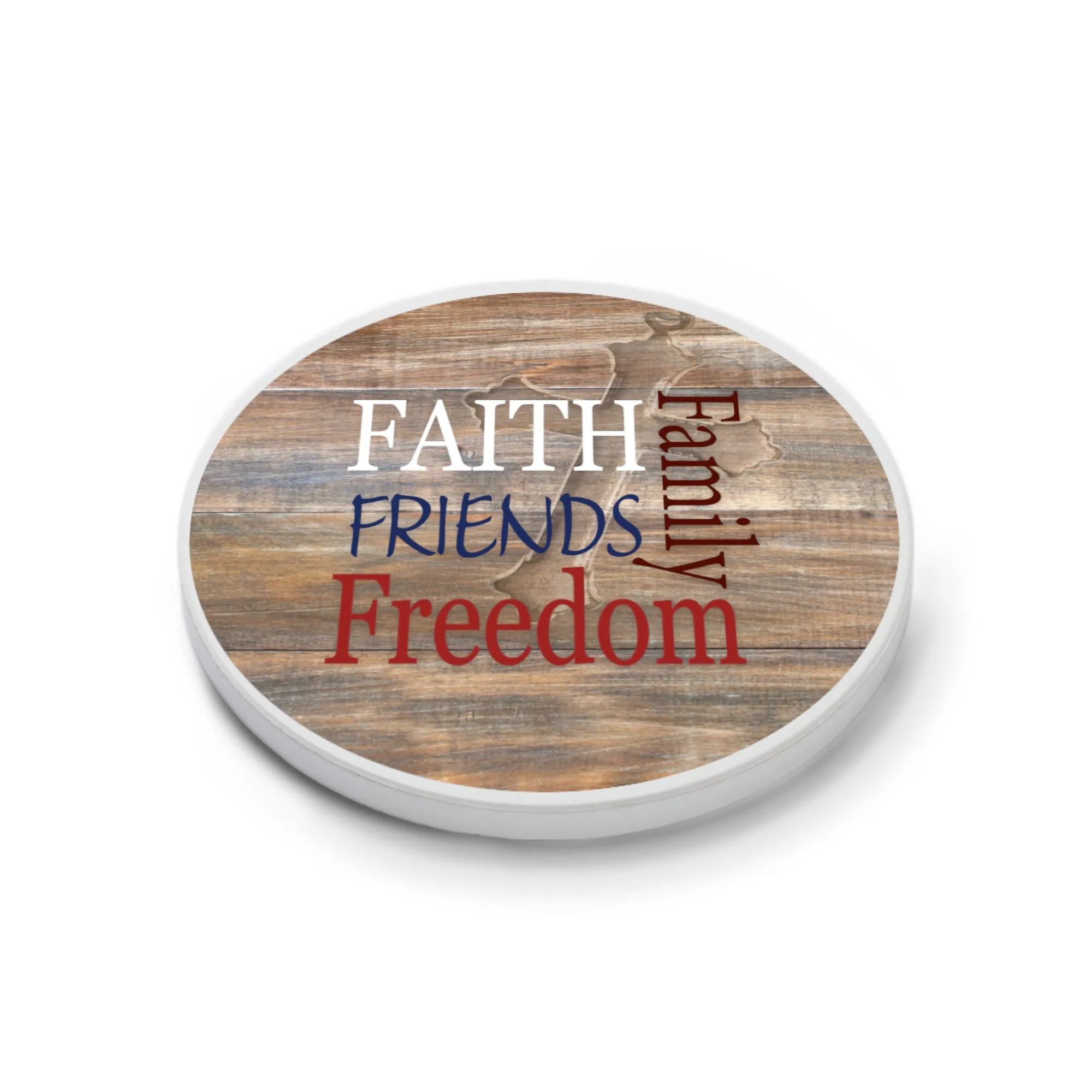 Faith Family Freedom Woodgrain 2.75 x 2.75 Ceramic Car Coasters Pack of 2
