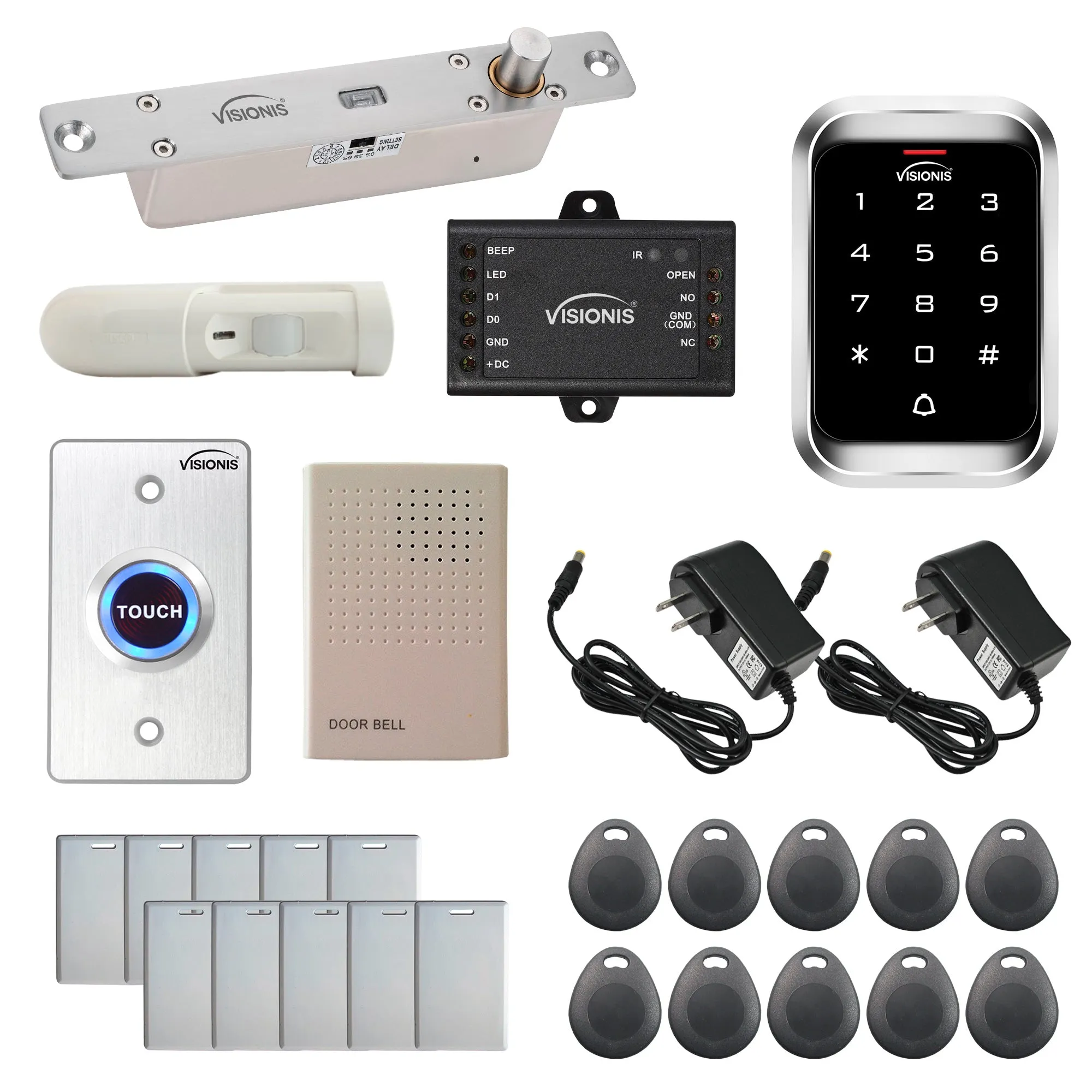 FPC-5460 One Door Access Control 2,600lbs Electric Drop Bolt With Time Delay Fail Secure   Outdoor Keypad / Reader Standalone With Mini Controller   Wiegand 26, No Software, EM Card, 1000 Users   PIR