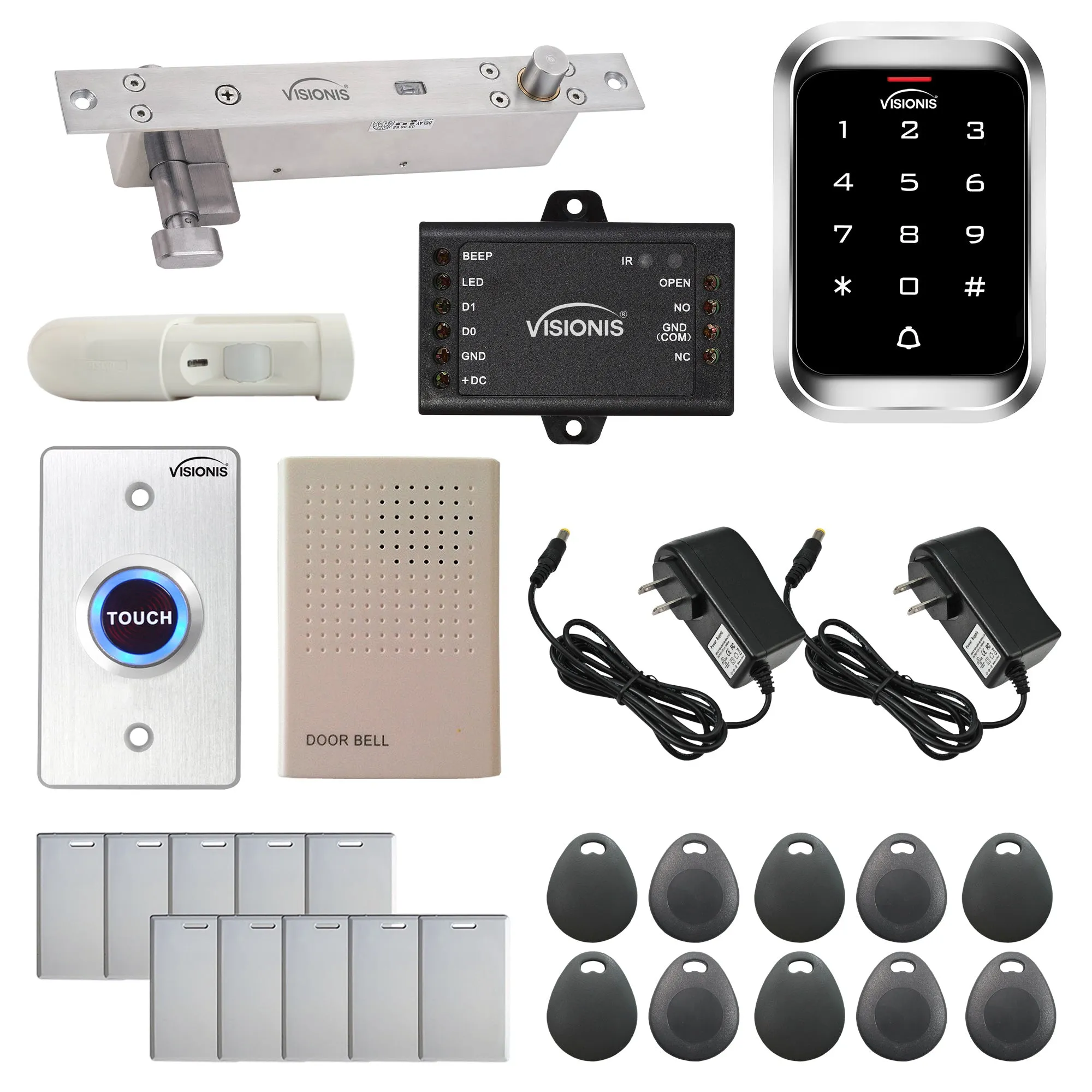 FPC-5461 One Door Access Control 2,600lbs Electric Drop Bolt   Fail Secure Key Cylinder   Outdoor Keypad / Reader Standalone With Mini Controller   Wiegand 26, No Software, EM Card, 1000 Users   PIR