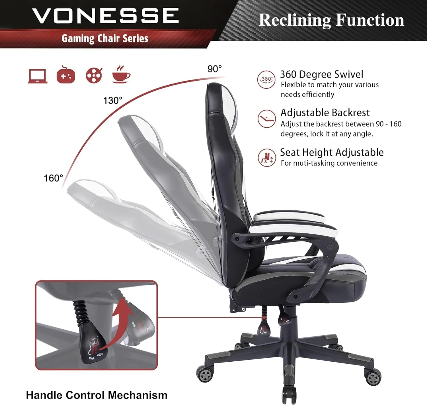 Gaming Chair for Adults, Computer Chair with Massage, Big and Tall Gamer Chair, Carbon Fiber Modern Office Chair, Ergonomic Home Office PC Desk Chair, Game Chair for Teens, Thick-Padded Armrests(Gray)