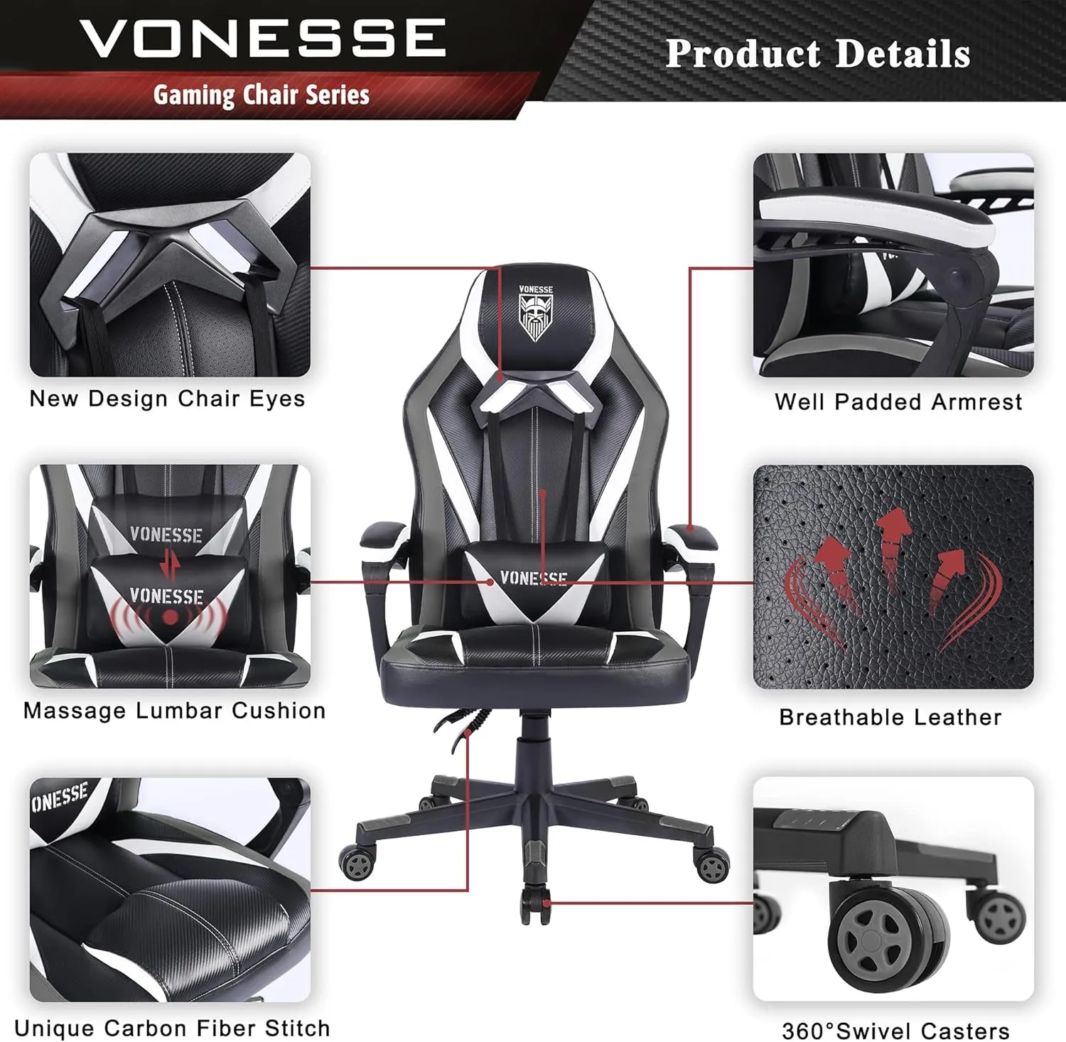 Gaming Chair for Adults, Computer Chair with Massage, Big and Tall Gamer Chair, Carbon Fiber Modern Office Chair, Ergonomic Home Office PC Desk Chair, Game Chair for Teens, Thick-Padded Armrests(Gray)