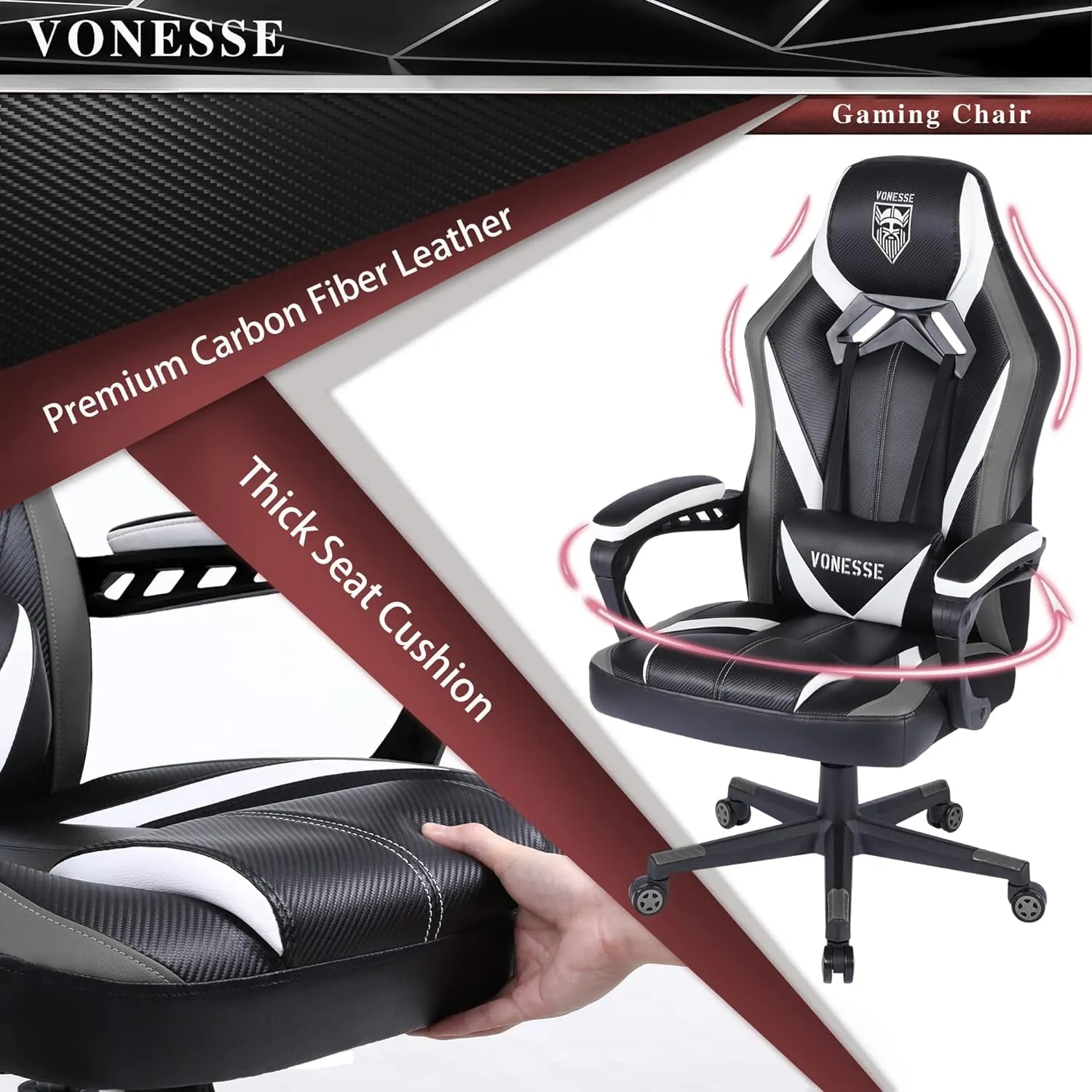 Gaming Chair for Adults, Computer Chair with Massage, Big and Tall Gamer Chair, Carbon Fiber Modern Office Chair, Ergonomic Home Office PC Desk Chair, Game Chair for Teens, Thick-Padded Armrests(Gray)
