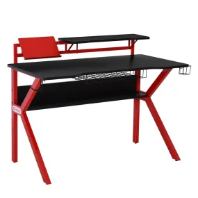 Gaming Desk Computer Table w/ Cup Holder Headphone Hook, Basket, Red