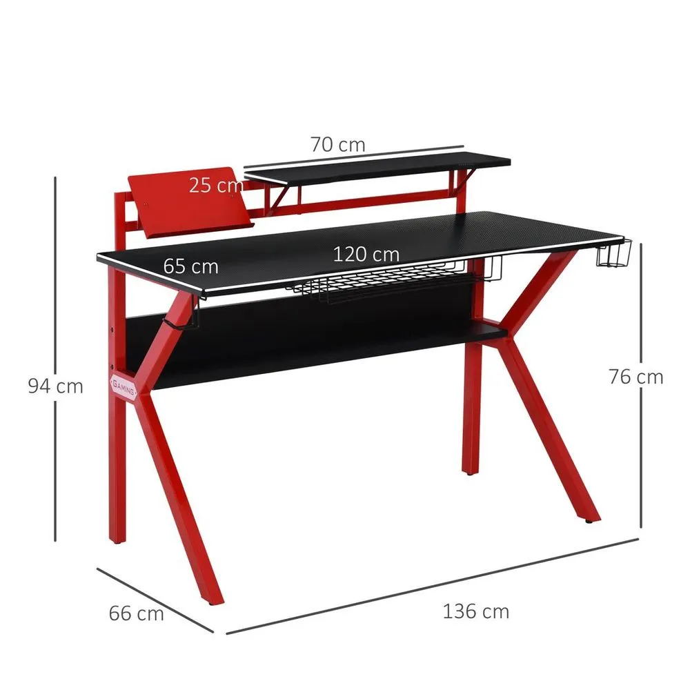 Gaming Desk Computer Table w/ Cup Holder Headphone Hook, Basket, Red