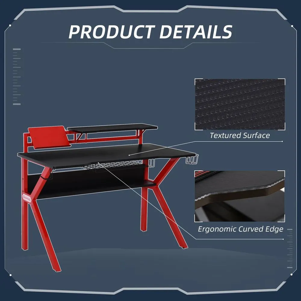 Gaming Desk Computer Table w/ Cup Holder Headphone Hook, Basket, Red