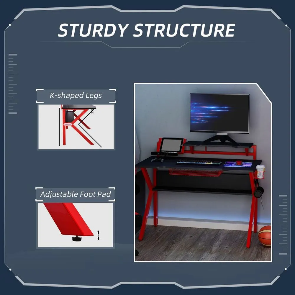 Gaming Desk Computer Table w/ Cup Holder Headphone Hook, Basket, Red