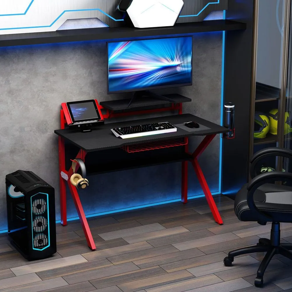 Gaming Desk Computer Table w/ Cup Holder Headphone Hook, Basket, Red