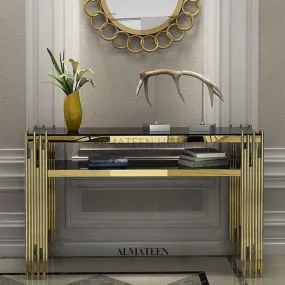 Golden Console Table with Glass Top and Stainless Steel Pedestal