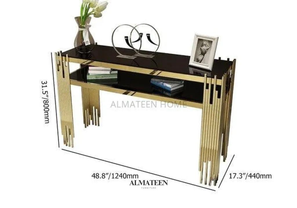 Golden Console Table with Glass Top and Stainless Steel Pedestal