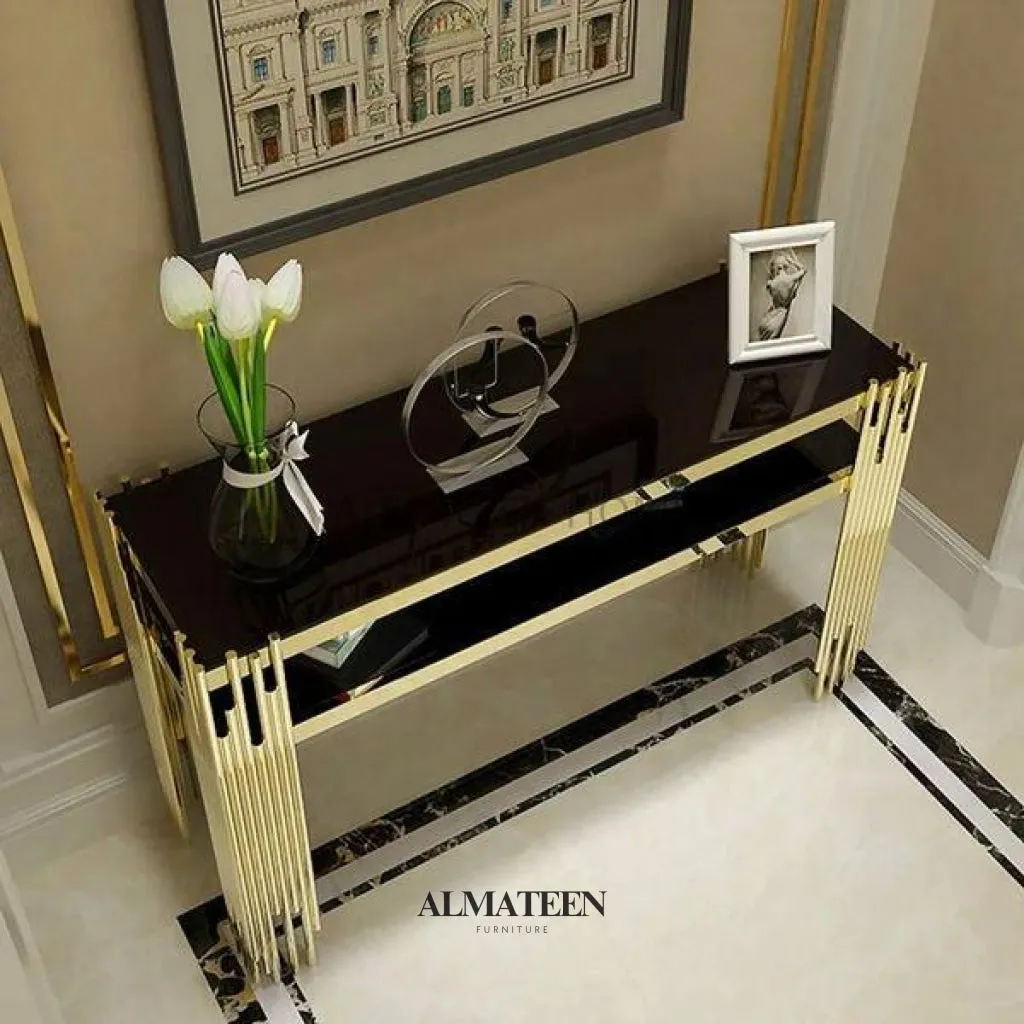 Golden Console Table with Glass Top and Stainless Steel Pedestal