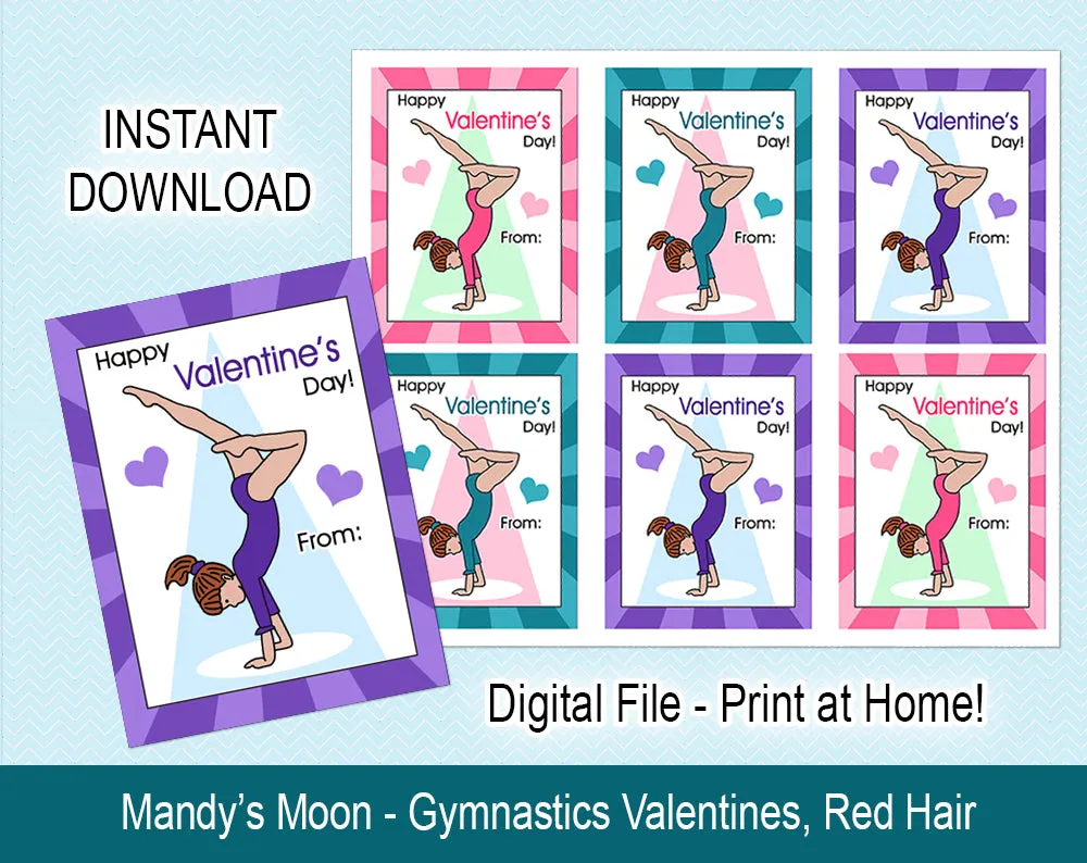 Gymnastics Valentine Cards, Handstand Design - Digital Print at Home Valentines cards, Instant Download