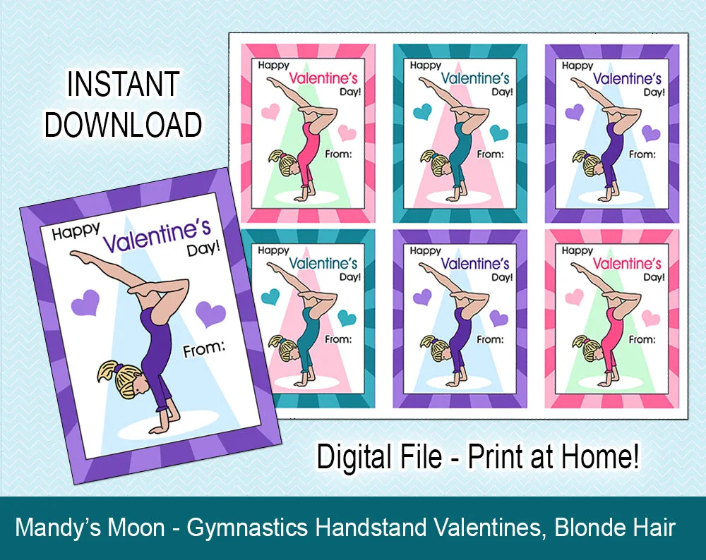 Gymnastics Valentine Cards, Handstand Design - Digital Print at Home Valentines cards, Instant Download