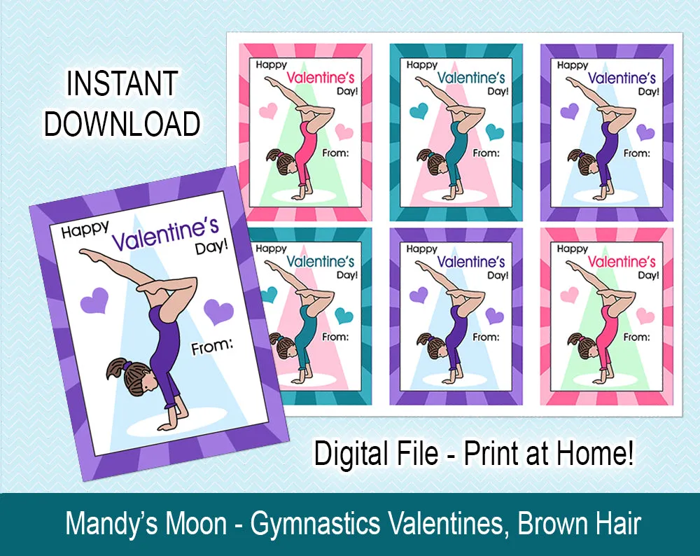 Gymnastics Valentine Cards, Handstand Design - Digital Print at Home Valentines cards, Instant Download