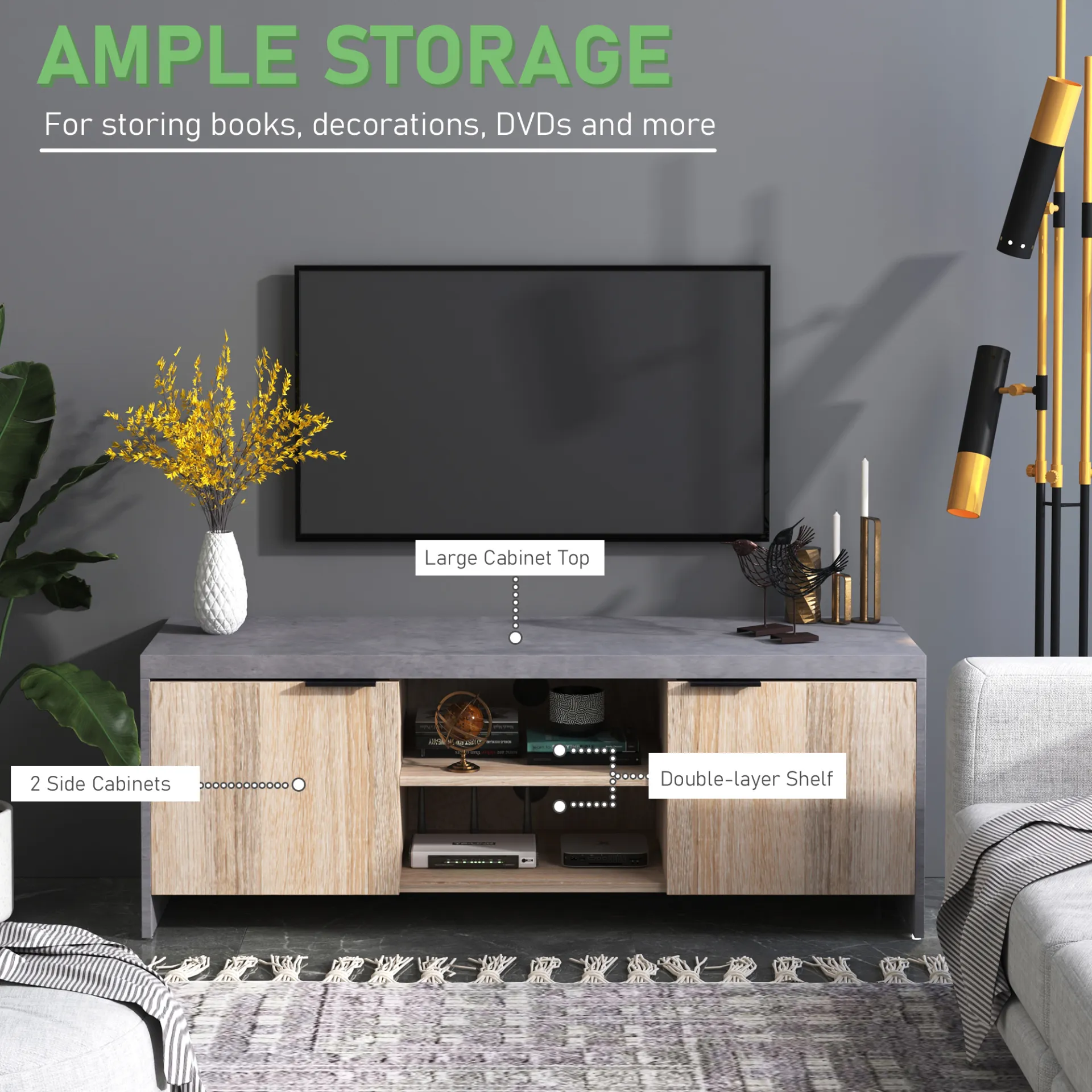 HOMCOM 1.2M Wooden TV Stand Cabinet - Stylish Entertainment Center with Storage for DVD CD - Ideal for Living Room - Fits Up to 50-Inch Flat Screen TV - Grey Finish